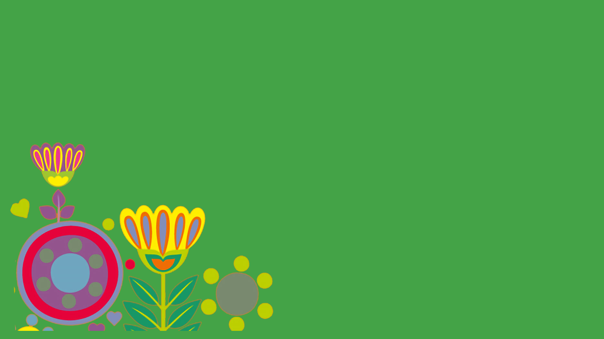 Grön botten, till vänster en grafisk blommor i starka färger