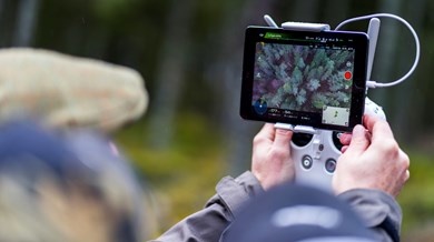 En person håller i en fjärrkontroll för en drönare och filmar skogen ovanifrån. 