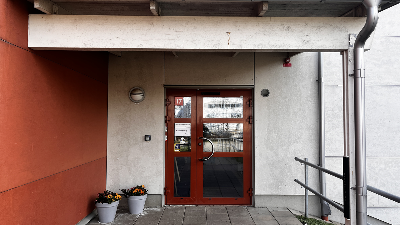 Rödbrun entrédörr med glas under tak. 