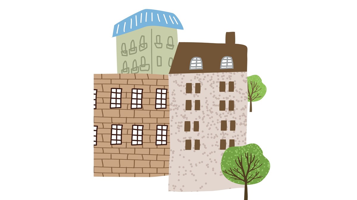 Illustration på tre byggnader som ska framställa den digifysiska mottagningen plats.