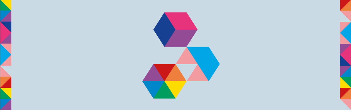 Illustration, symbolen för hbtq-diplomering bestående av tre hexagoner som byggs upp av trianglar i olika färger