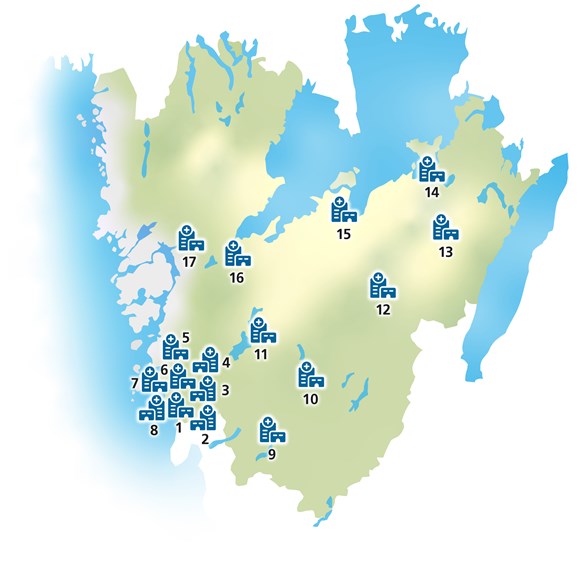 Karta över Västra Götaland med sjukhusmarkeringar