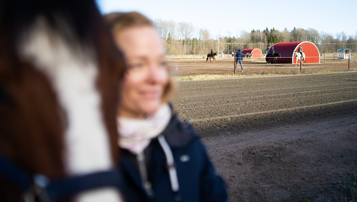 Huvudet på en häst och ansiktet av en kvinna syns i förgrunden. I bakgrunden syns tre ryttare på hästar i en paddock.