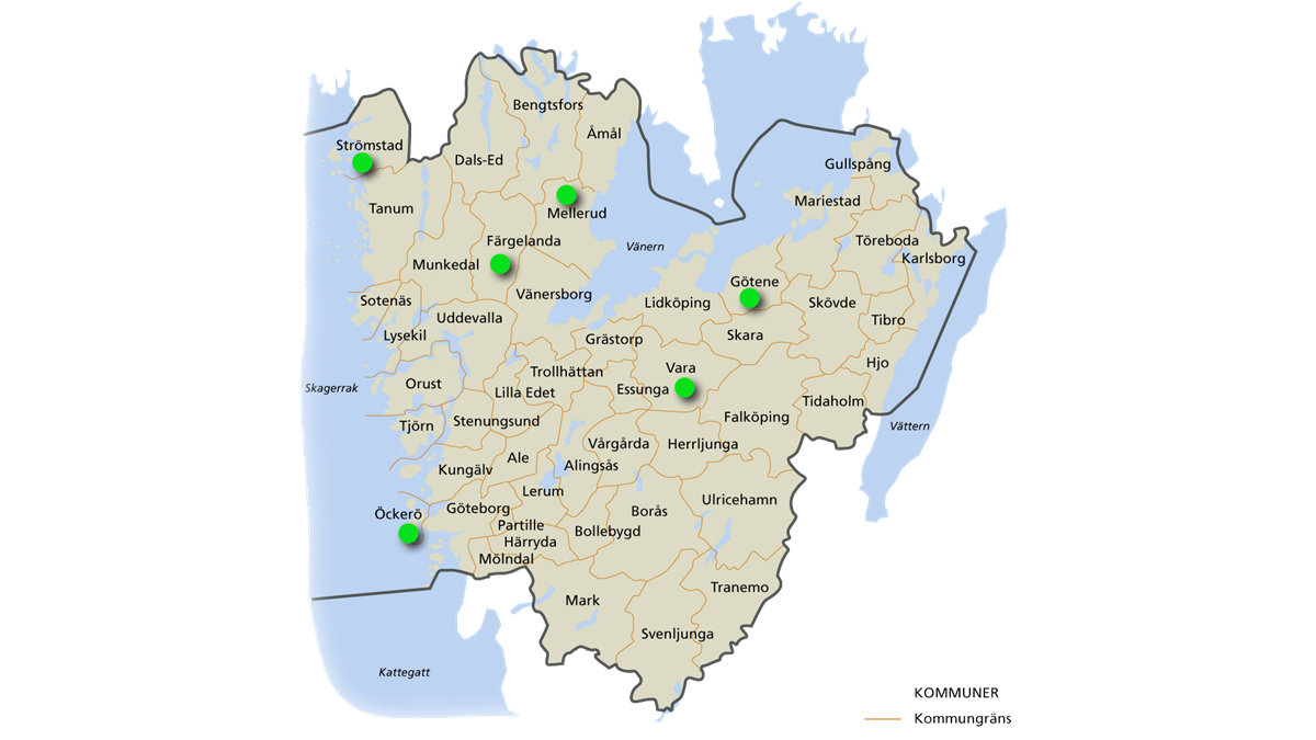 Kartbild över Västra Götaland där gröna pårickar markerar kommunerna Strömstad, Mellerud, Färgelanda, Götene, Vara och Öckerö.