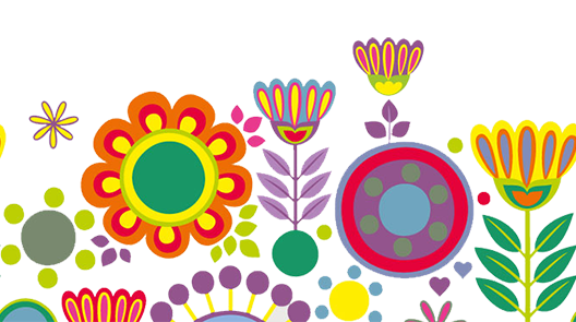 Grafiska blommor på rad. Färgglatt, olika former naivistisk stil