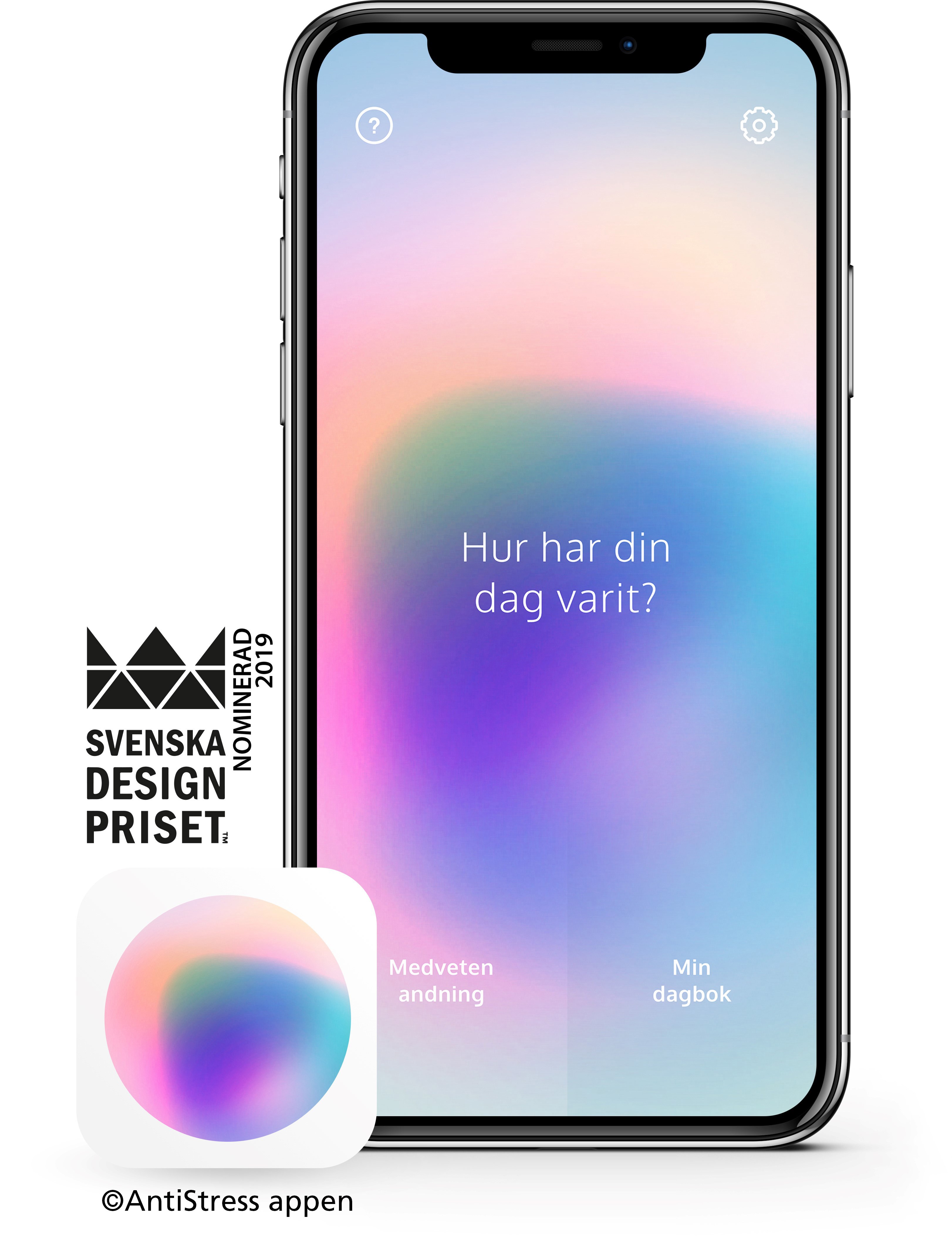 Illustration av en telefon och logga för nominering till Svenska design priset 2019 samt Copyright AntiStress appen