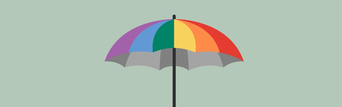 illustration av paraply med regnbågsfärger.