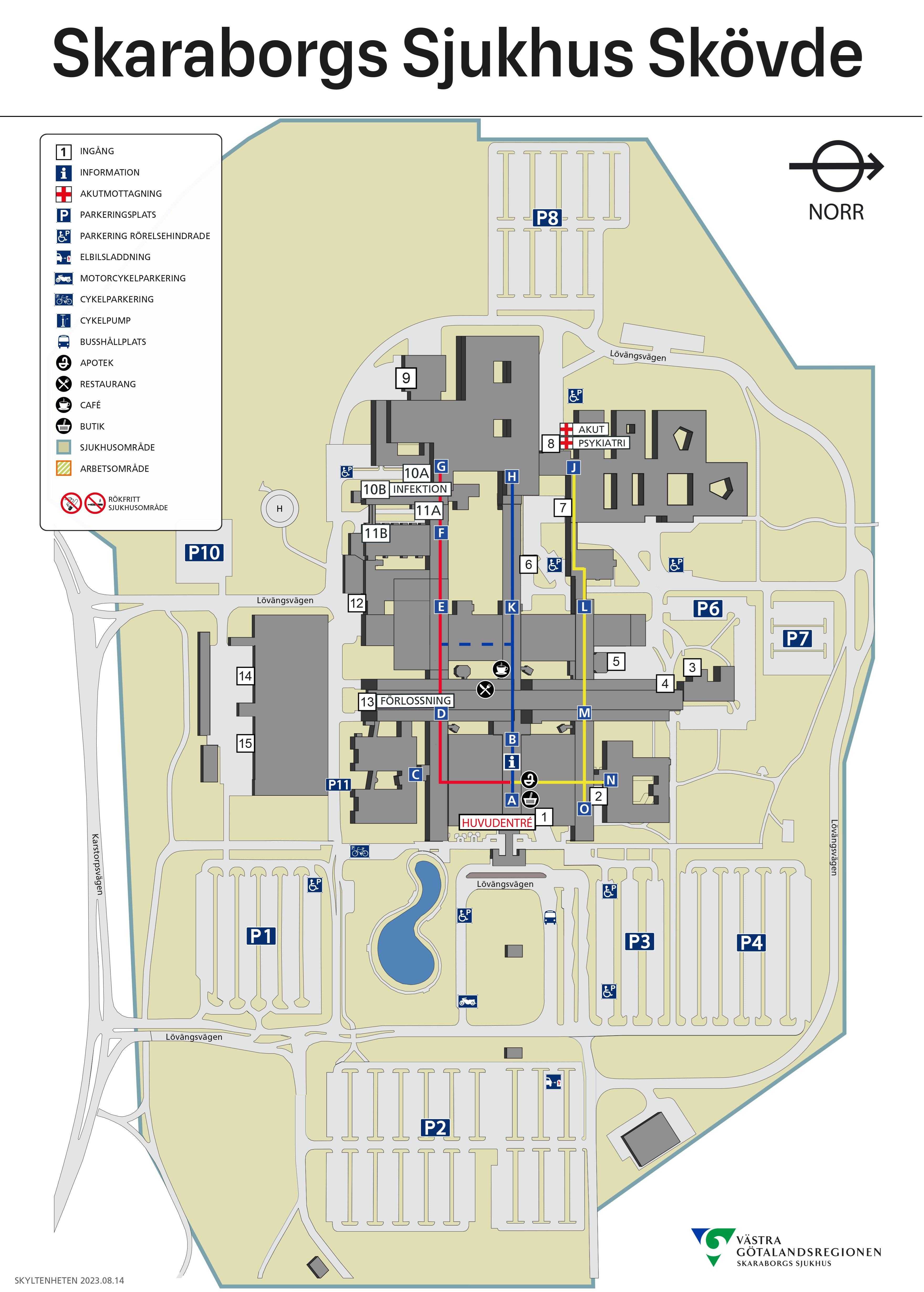 Karta över entréer och parkeringar Skaraborgs sjukhus skövde