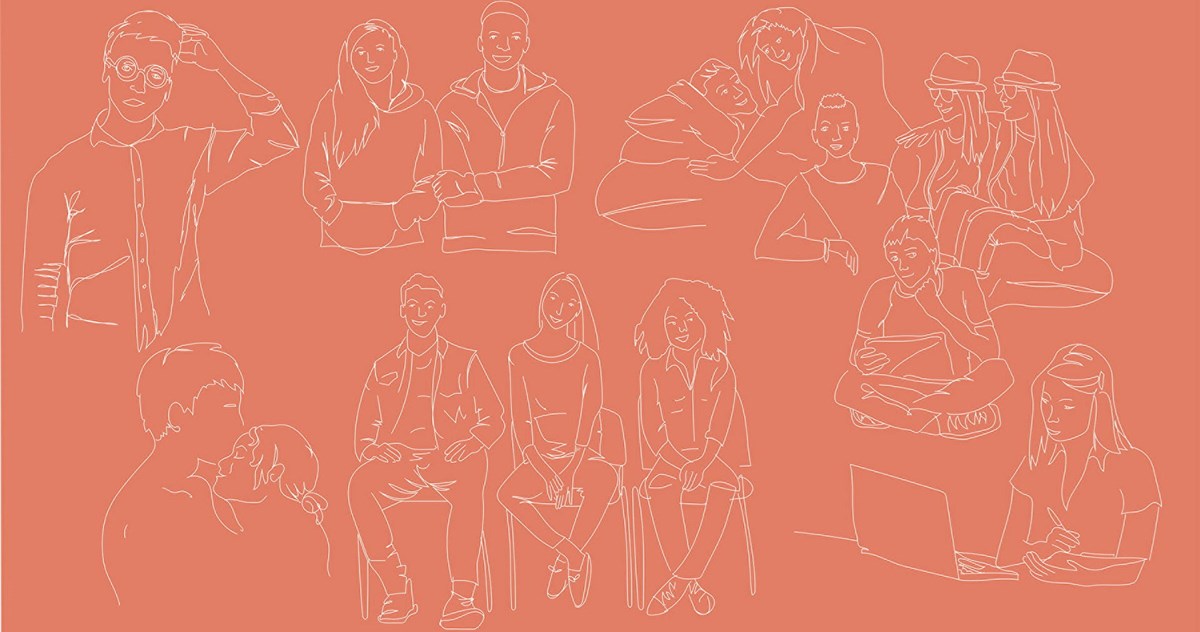 Illustration av unga människor i olika situationer, från omfamning till att sitta bredvid varandra eller själv framför datorn