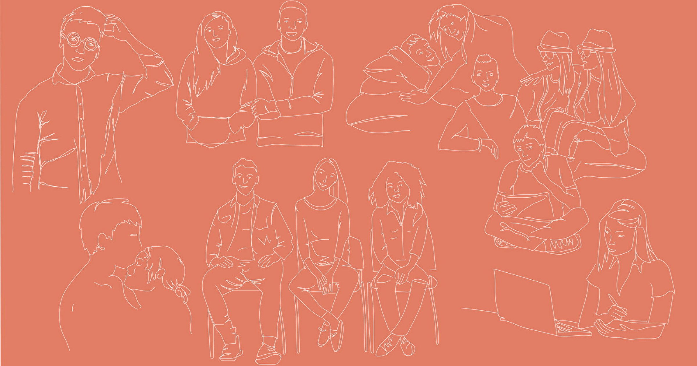 Illustration av unga människor i olika situationer, från omfamning till att sitta bredvid varandra eller själv framför datorn