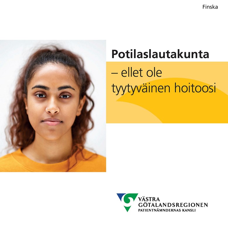 Framsida av informationsfolder på finska och bild med en flika på framsidan