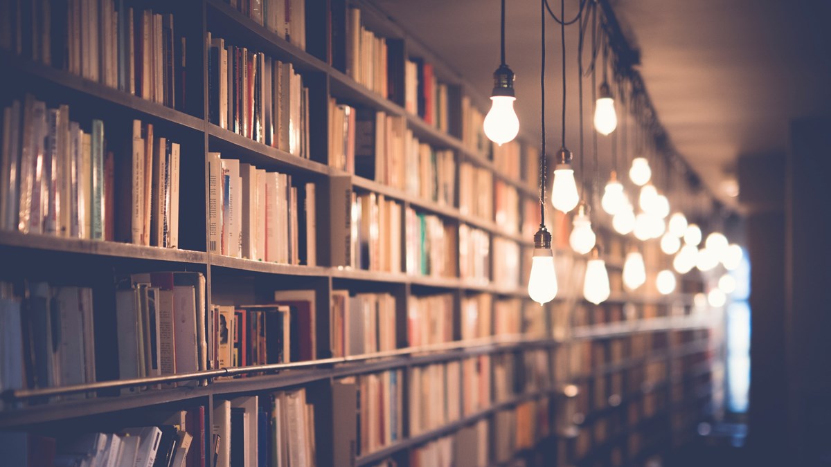 Glödlampor hänger framför en lång bokhylla fylld med böcker
