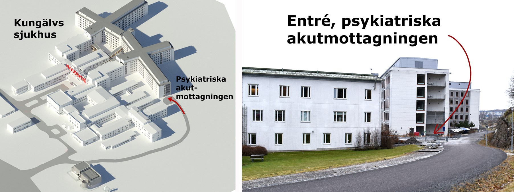 Karta och foto som visar entrén till psykiatriska akutmottagningen på Kungälvs sjukhus