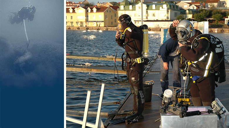 Två bilder - till vänster en mycket blå bild där en dykare med något i handen kan anas. Till höger en bild där två personer i dykardräkt ses samt ytterligare en person i blå arbetsbyxor bakom dem. Alla tre står utomhus på en brygga. I bakgrunden ses vita och gula hus.