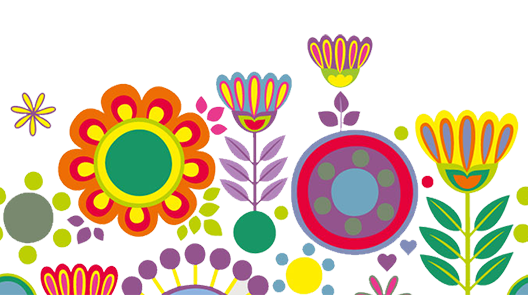 Grafiska blommor i glada färger som grönt, orange, rosa, lila, grönt, rött, blått och cerise