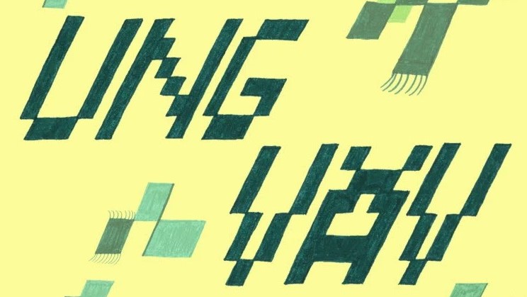 Texten "UNG VÄV" handritad på gul bakgrund