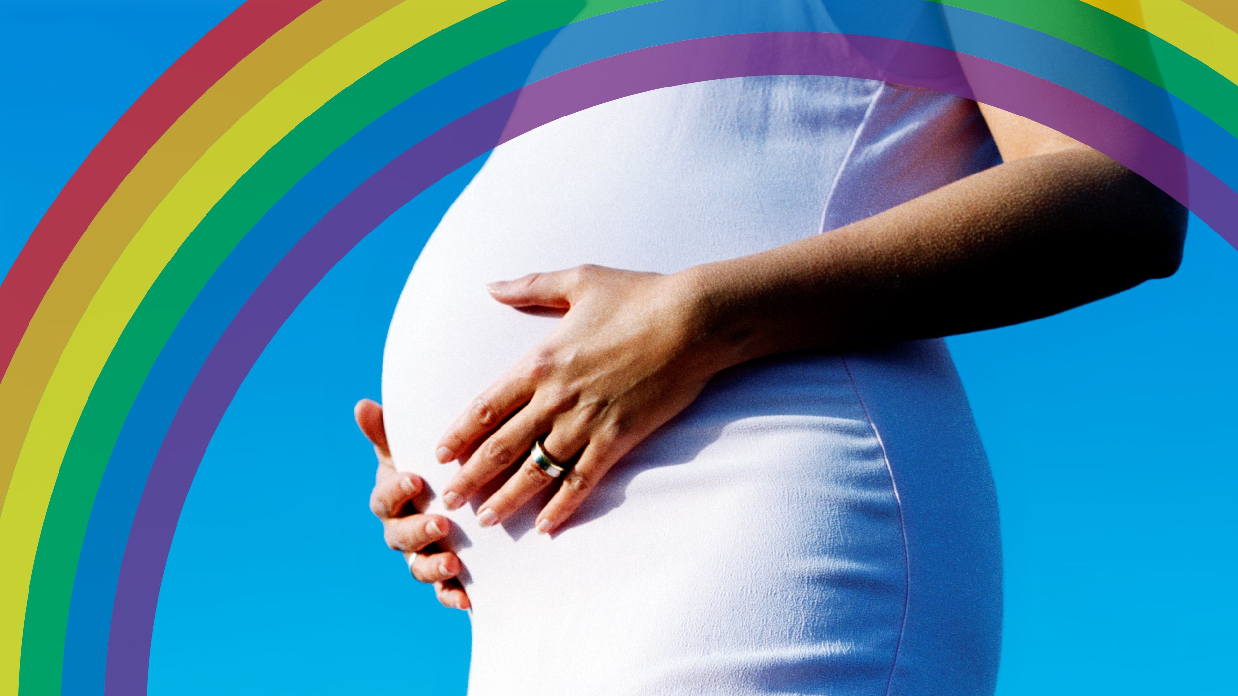 Gravid kvinna med illustrerad regnbåge.