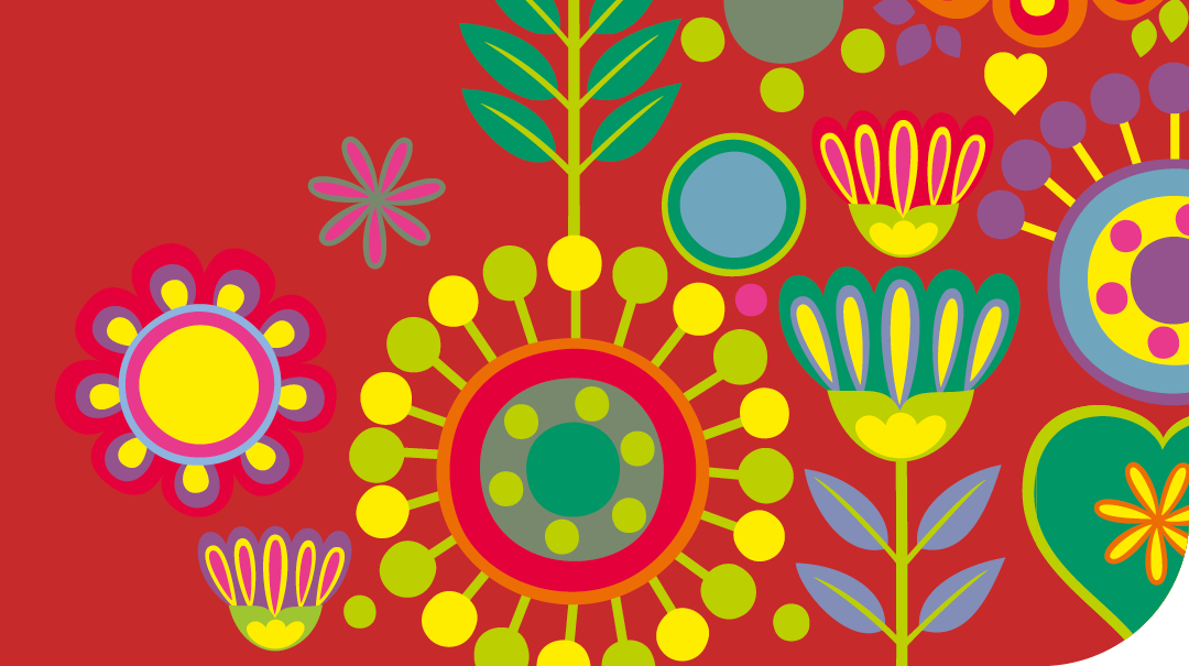 röd botten. färgglada, stilistiska, grafiska blommor.