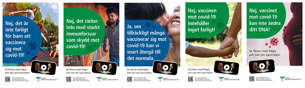 fem olika motiv på affischer