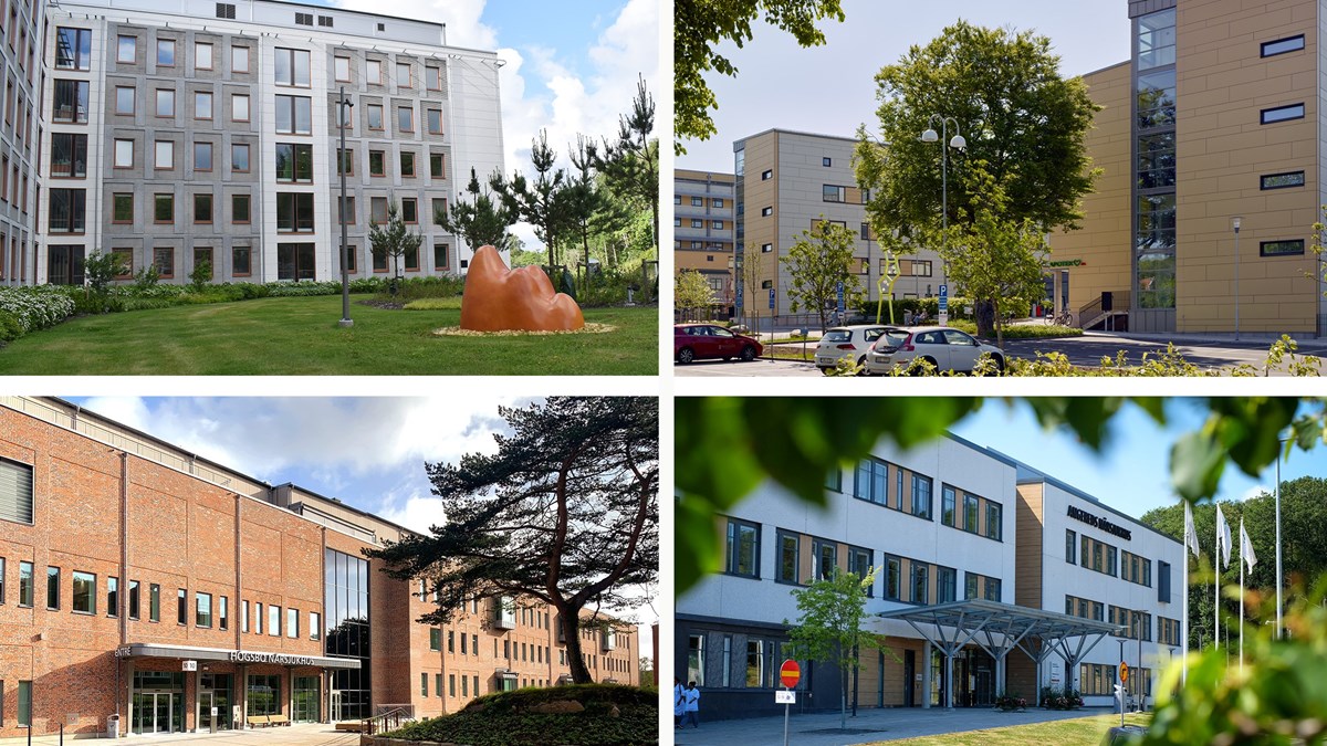 Kollage med fyra bilder som visar fasader på Kungälvs sjukhus, Alingsås lasarett, Högsbo närsjukhus och Angereds närsjukhus.