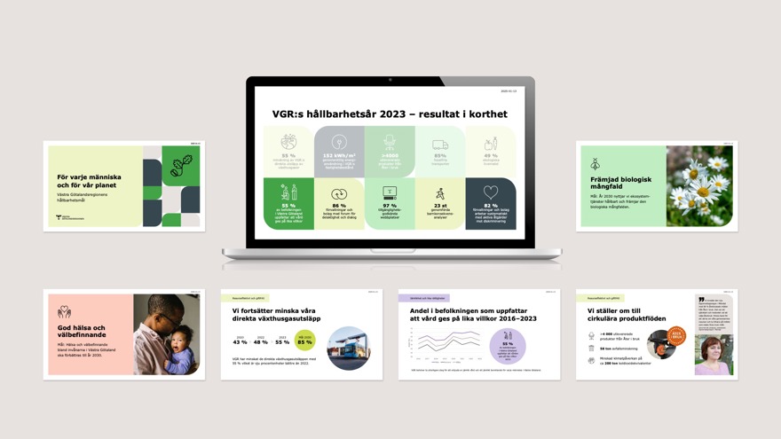 En presentation med flera olika bilder i VGR:s visuella identitet
