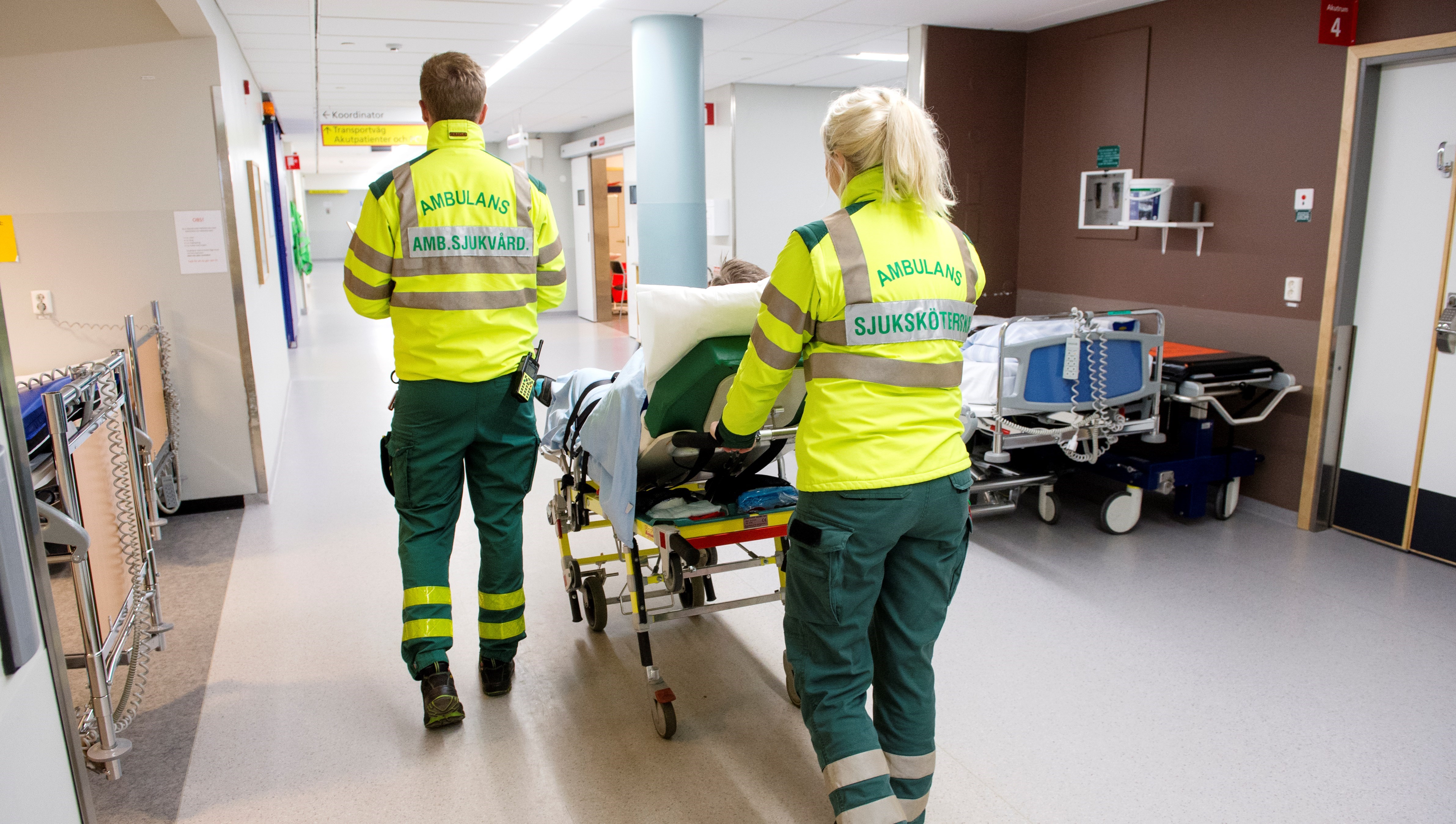 En kvinnlig ambulanssjuksköterskas och en manlig ambulanssjukvårdares ryggar syns när de kör en patient i en sjukhuskorridor.