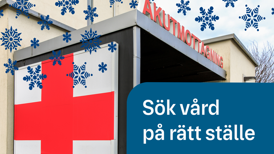 Fotomontage med ingången till Kungälv sjukhus akutmottagning med lå tecknade snöflingor på. På bilder står orden Sök vård på rätt ställe.