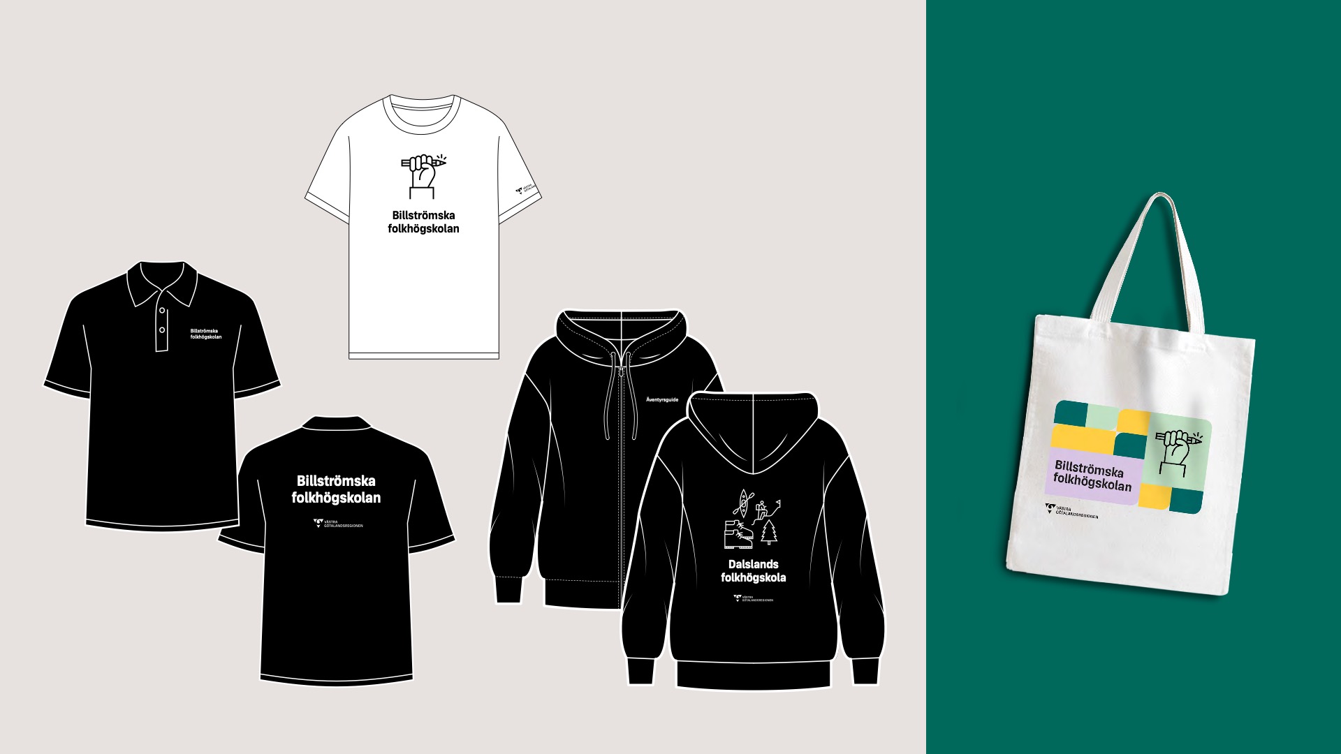 tröjor och tygkasse med billströmska folkhögskolan skrivit på
