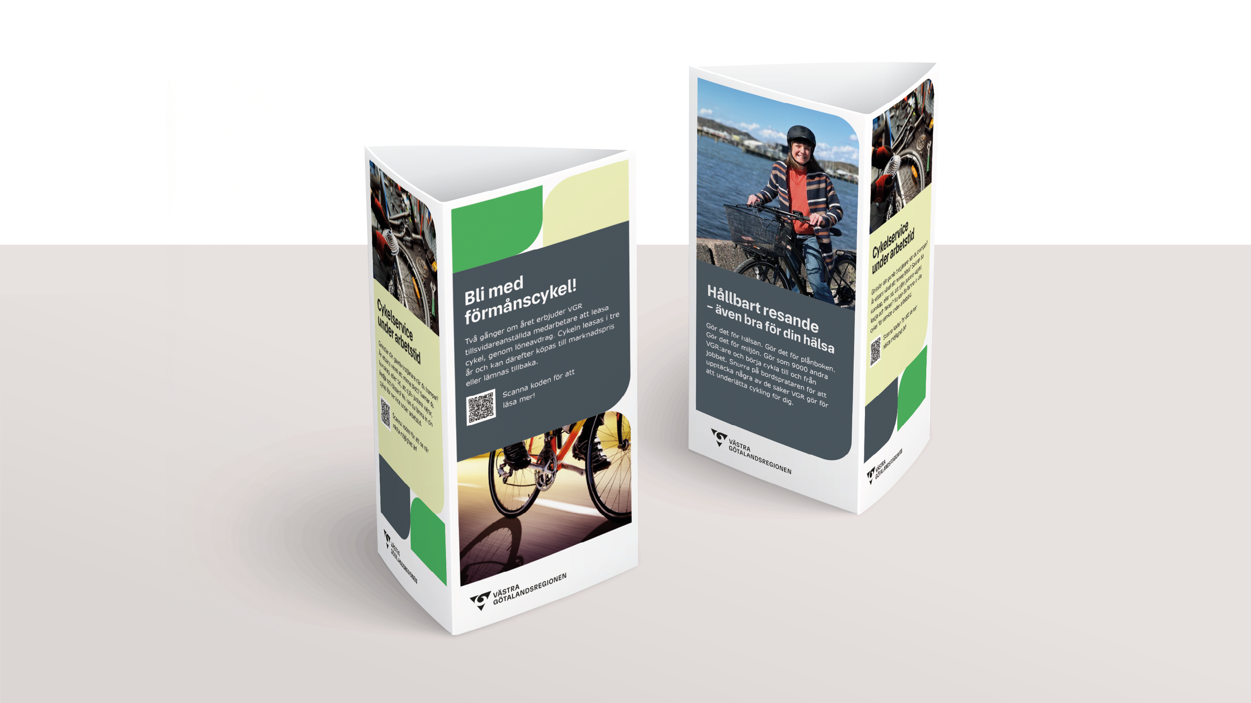 Stående så kallad bordspratare i grå och gröna färger med bilder på cyklar. Text: Bli med förmånscykel!