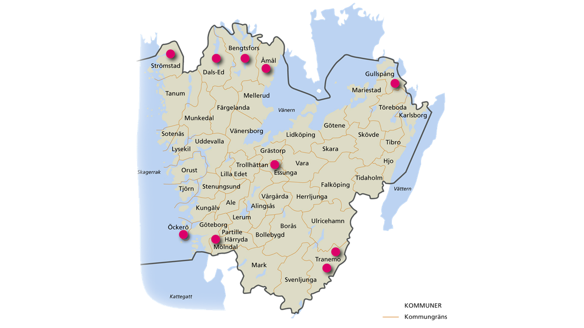 Kartbild över Västra Götaland. Rosa prickar markerar kommunerna Strömstad, Dals-Ed, Bengtsfors, Åmål, Gullspång, Essunga, Öckerö, Mölndal och Tranemo. 