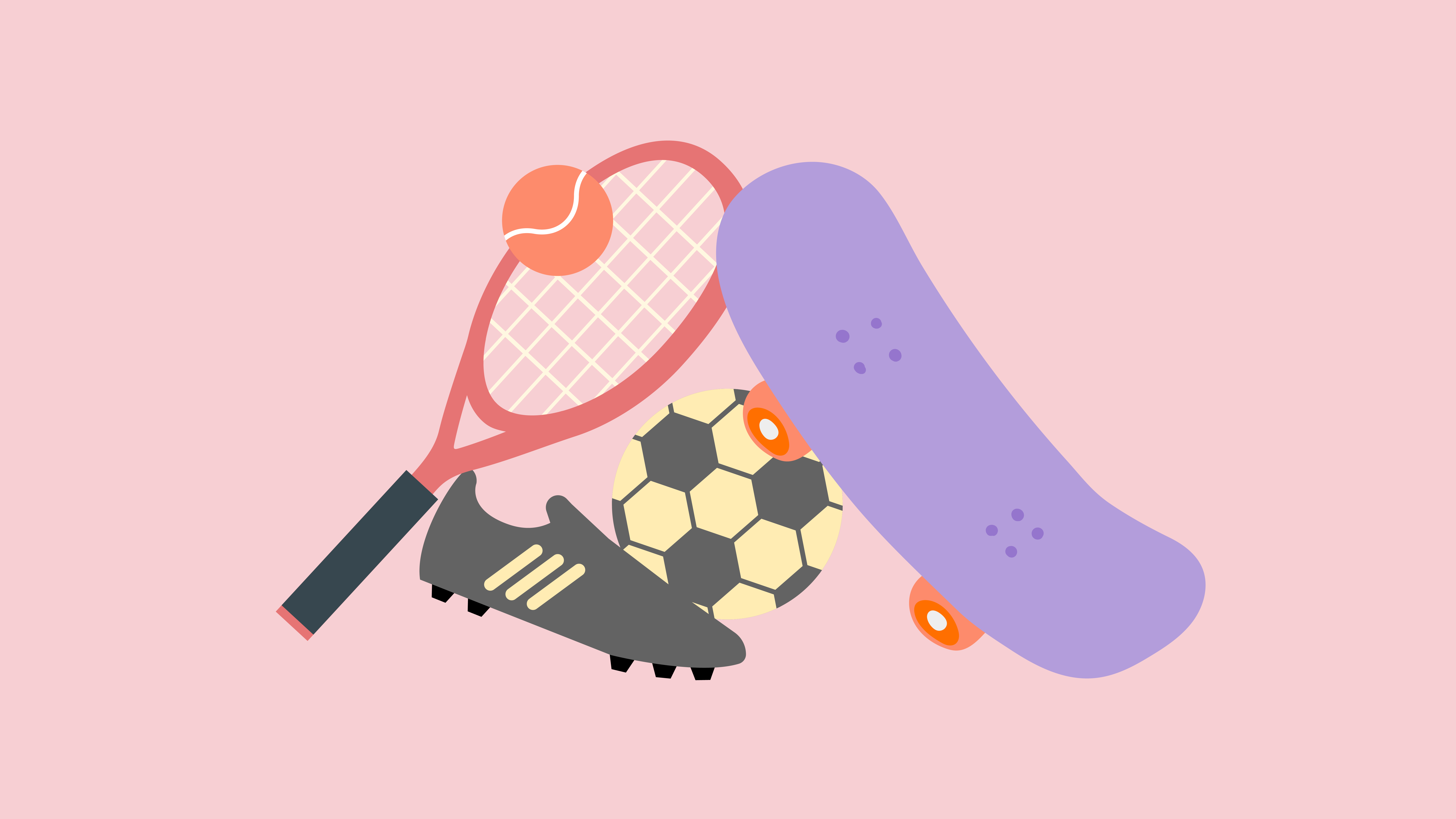 Illustration. Sportartiklar. Tennisracket, fotbollssko, fotboll och en skateboard.