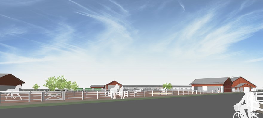 Illustration med röda byggnader, staket och hästar