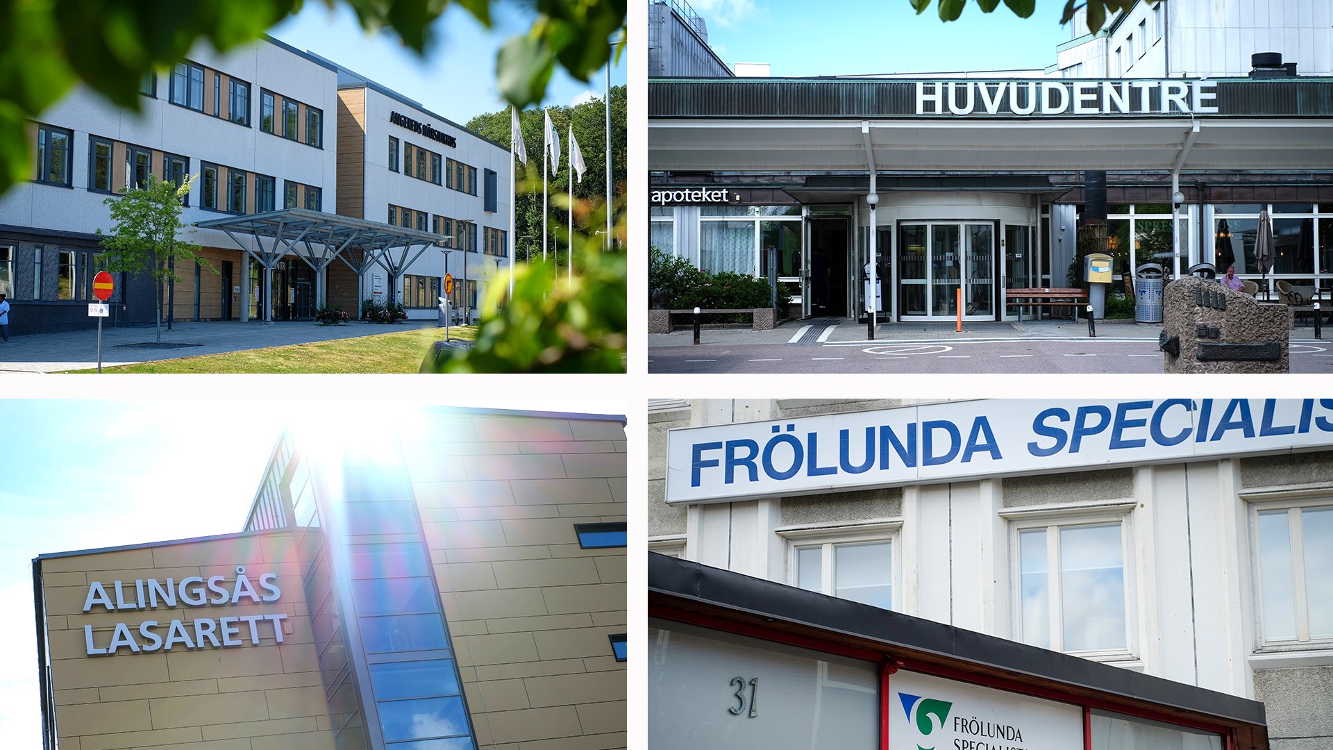 Kollage med exteriörer från Angereds närsjukhus, Kungälvs sjukhus, Alingsås lasarett och Frölunda Specialistsjukhus.