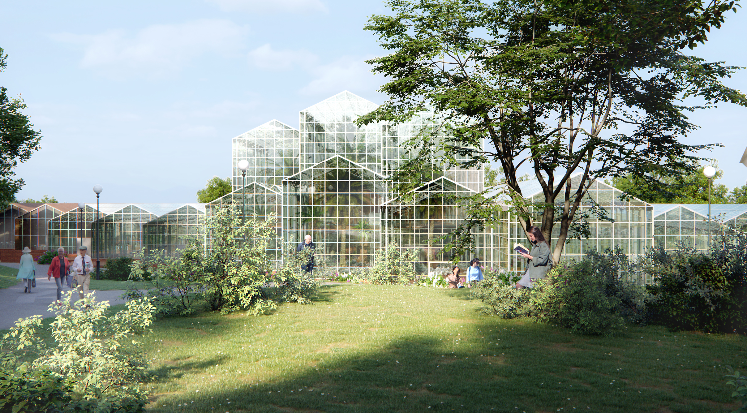 Visionsbild av växthus omgiven av grönska