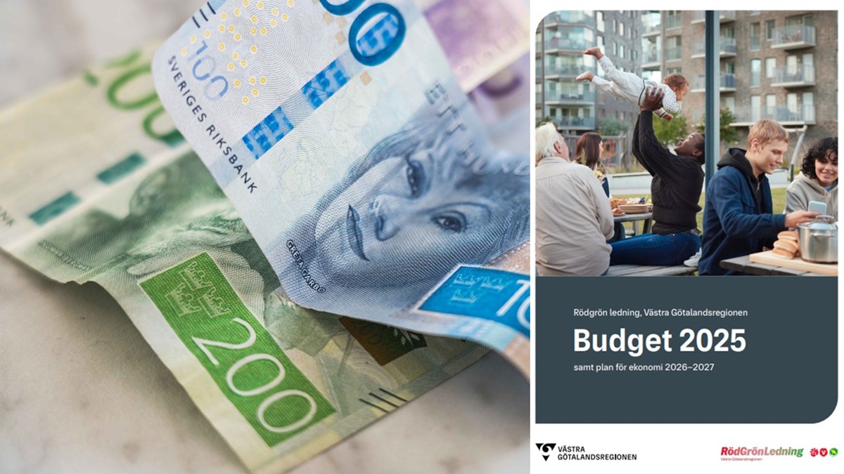 Bildcollage: En bild som visar sedlar på ett bord och en bild som visar budgetdokumentets förstasida.