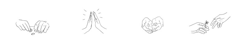 Illustration av de fyra pedagogiska grundprinciperna (aktiverande, motiverande, inkluderande och hållbara) i form av händer.
