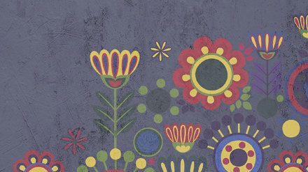 Svart botten. färgglada, stilistiska, grafiska blommor.