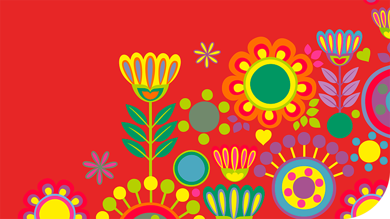 Illustration. Röd bottenfärg, grafiska blommor i glada färger.