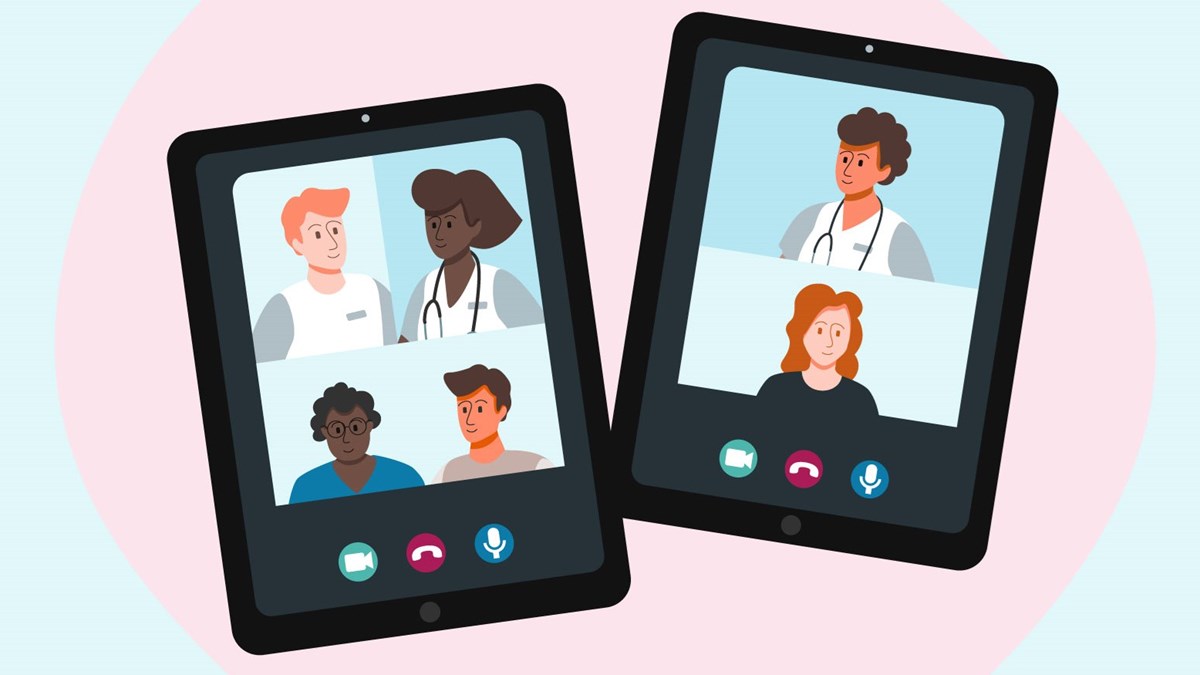 Mobiler som visar personer som deltar i digitalt vårdmöte