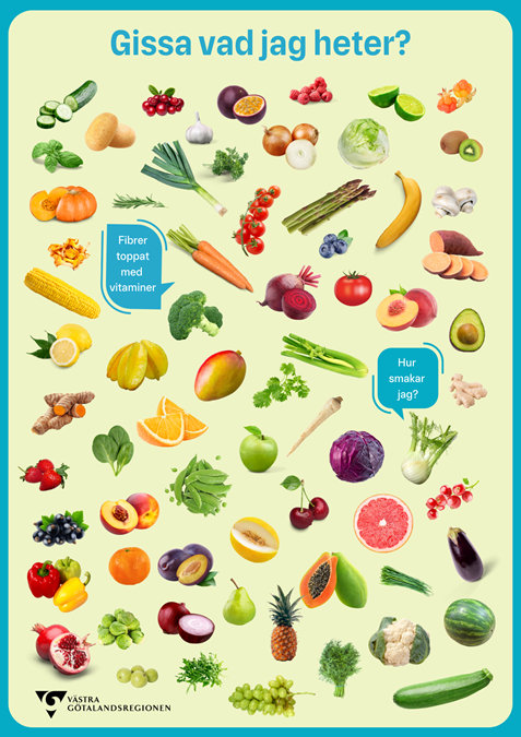 Material med många olika frukter och grönsaker, bland annat gurka, potatis, purjolök, morot, mango, rättika med flera. 