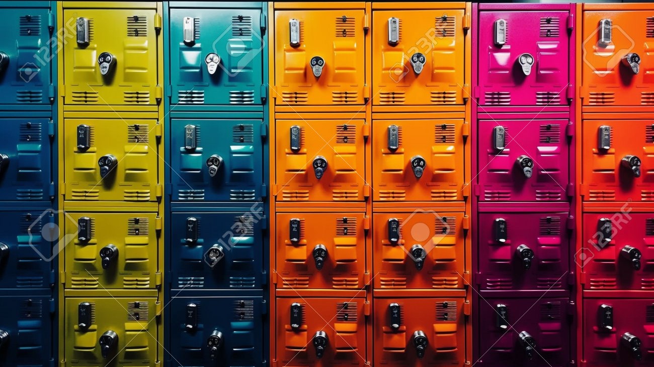 en vägg med små plåtskåp i olika starka färger