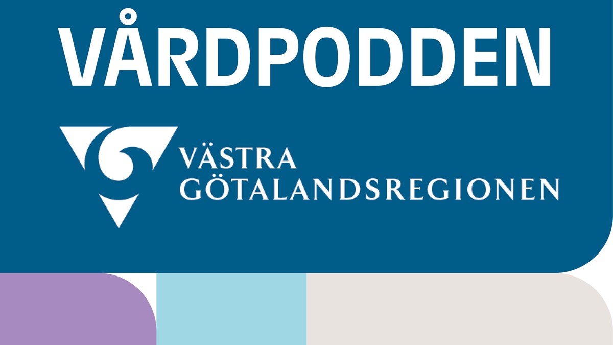 Ordet Vårdpodden på en mörkblå färgplatta med Västra Götalandsregionens logga.