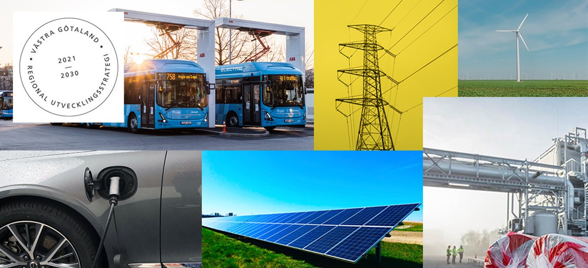 Collage bussar, elledningar, vindkraftverk, solceller och elfordon