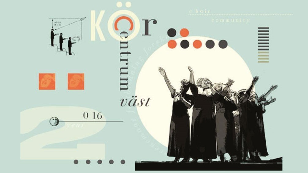 En illustration, med körsångare klädda i svart, grafiska symboler och texten Körcentrum Väst.