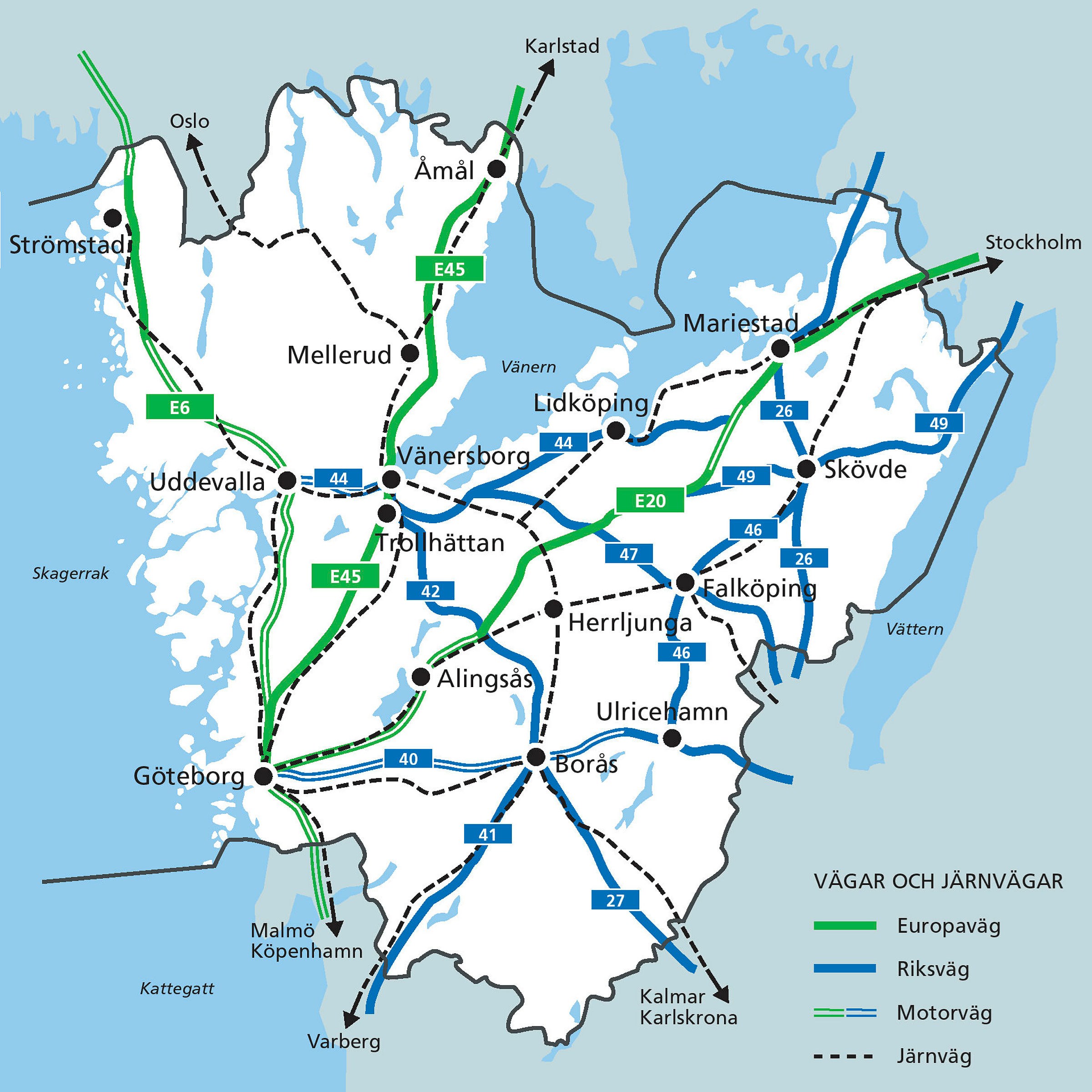 Karst över Västra  Götaland med vägar och järnvägar
