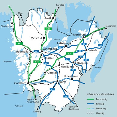 Karst över Västra  Götaland med vägar och järnvägar