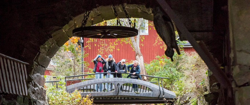 Fyra personer står på en bro utanför ett valv och tittar in.