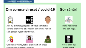 Ett dokument med grön och vit bakgrund, rubriken Om coronaviruset och åtta små bilder med tillhörande text