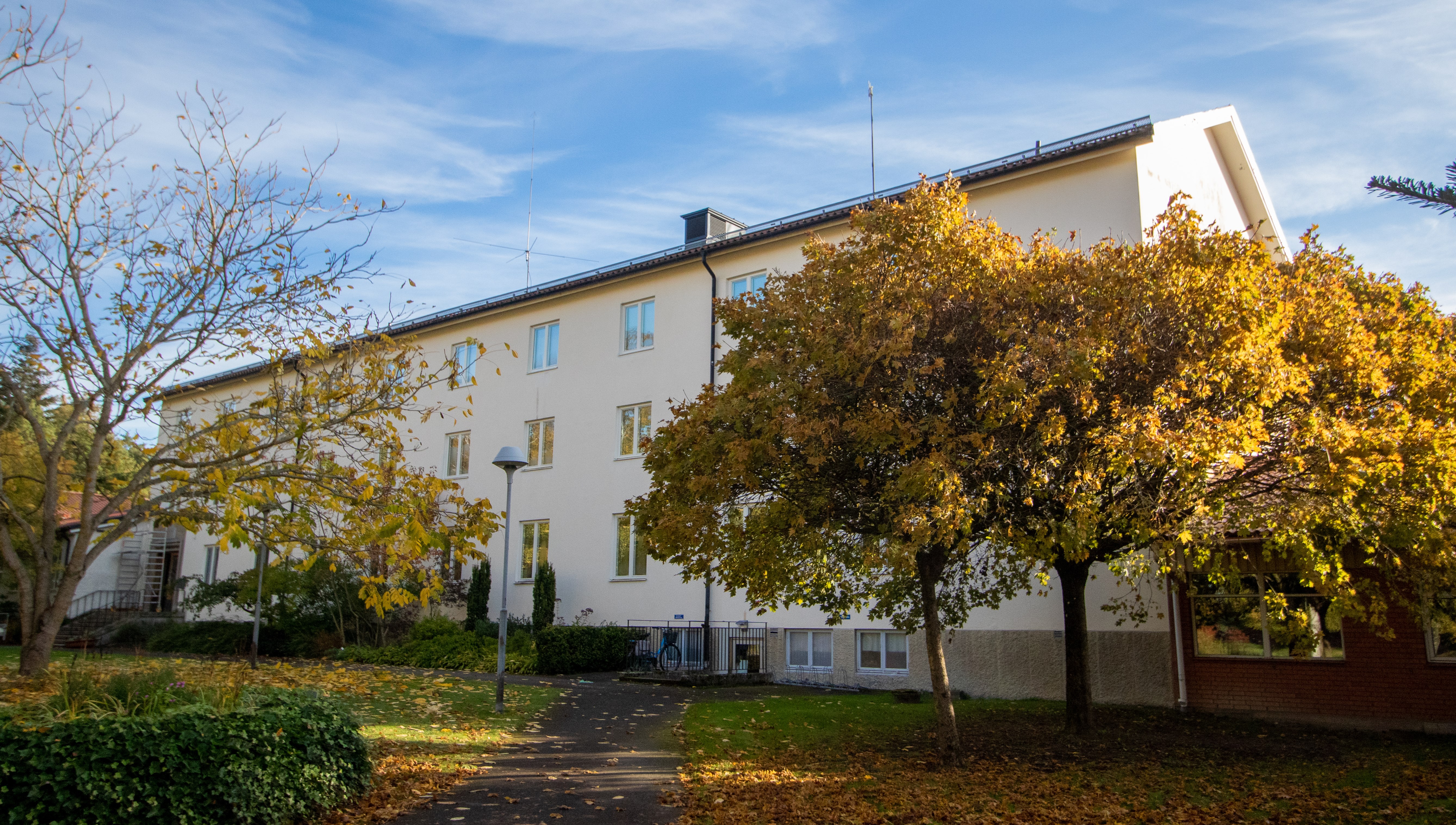 Internatbyggnad omgiven av träd med höstlöv