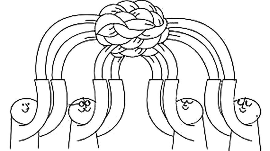 Illustration av fyra figurer med långa händer som knyts ihop till en stor boll